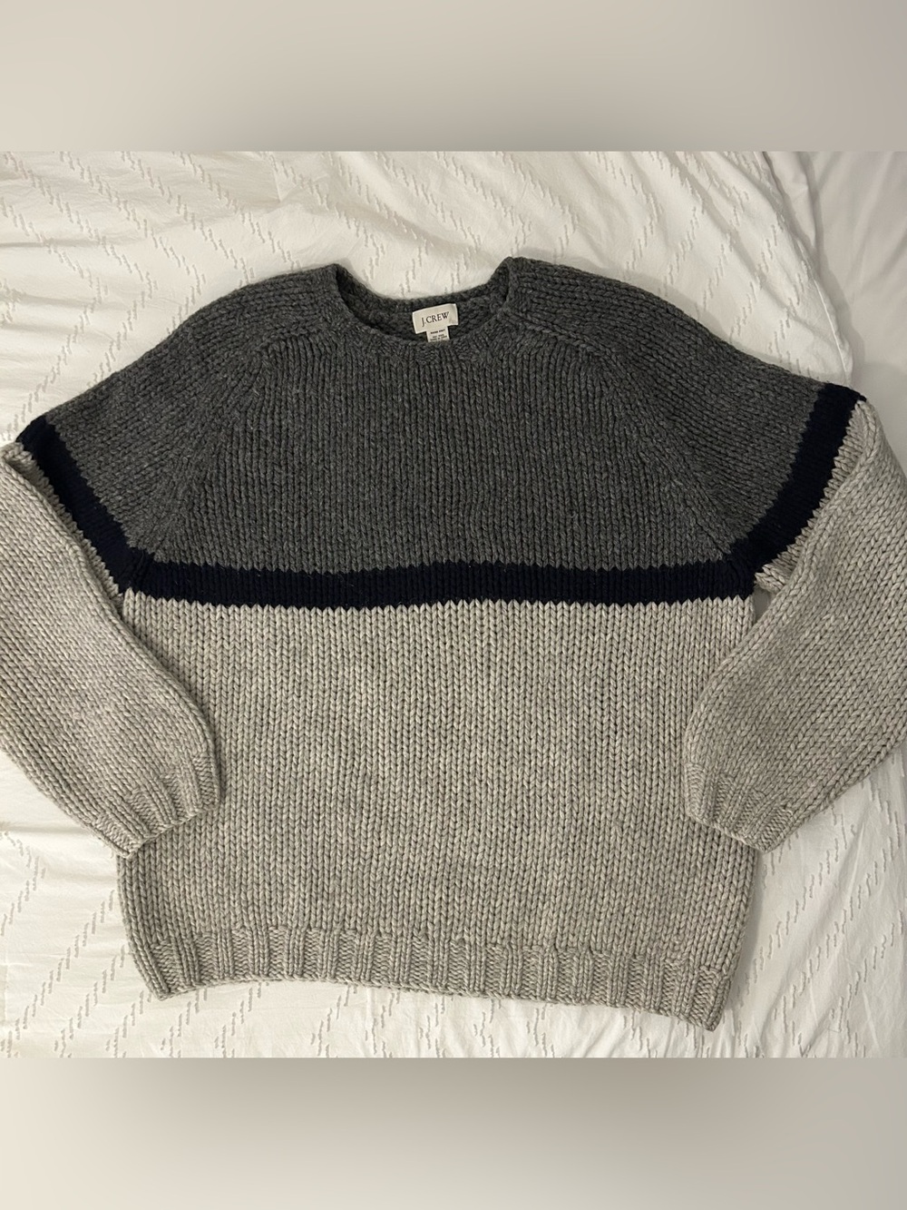 J.Crew Mens Hand Knit Sweater 100% Wool Fisherman Gray Striped XLT Tall NWOT